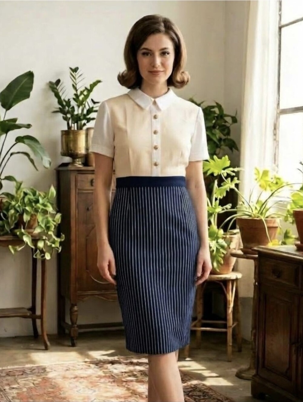 Vesper Vintage Mod Colorblock Pinstripe Midi Dress Gold Crest Buttons Size 10
